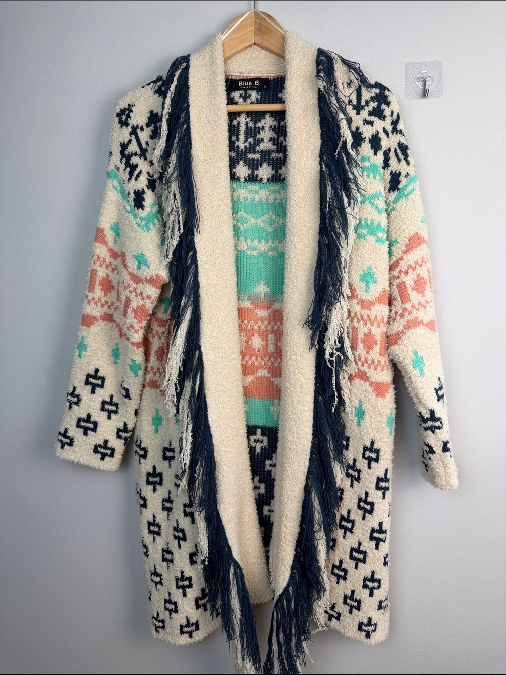 Blue B Cozy Aztec Cardigan Blanket Sweater Oversized Small Long Length Bohemian - Picture 2 of 16